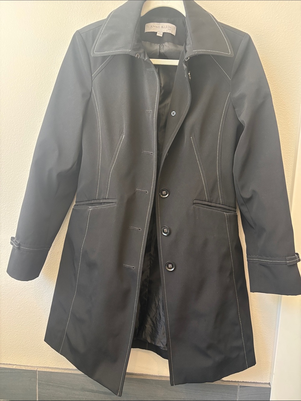 Anne Klein Black Tailored Trench Coat with Contrast Stitching